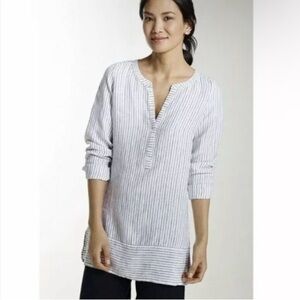 J Jill Love Linen Women L Missy Tunic Top White Blouse Gray Stripe Quiet Luxury